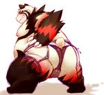  anthro backsack balls bear big_balls big_butt big_penis blush butt chiro_(artist) clothed clothing crossdressing fanfan garter_belt half-dressed legwear lingerie male mammal overweight panties penis presenting red_panda smirk solo stockings topless underwear 