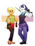  2015 alpha_channel anthro anthrofied applejack_(mlp) blonde_hair blue_eyes clothing duo earth_pony equine female fingerless_gloves footwear freckles friendship_is_magic gloves green_eyes hair half-closed_eyes holding horn horse mammal my_little_pony pickaxe plain_background pony purple_hair rarity_(mlp) shoes siden smile transparent_background unicorn 