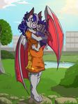  age_difference anthro bat blue_hair building child clothed clothing cub cuddling dress duo fangs female fuf fur hair holding hug larger_female long_hair male male/female mammal mother mother_and_son older_female open_mouth outside parent park size_difference smaller_male smile son tree wings young younger_male 