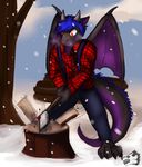  anthro axe blue_hair clothing dragon hair male mariosson pants quil red_eyes shirt snow solo standing sweat tree weapon wings winter wood 