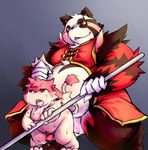  anal anal_penetration balls blush chinese_clothing chiro_(artist) chubby cum drooling duo fanfan male male/male mammal overweight penetration penis polearm red_panda saliva smirk staff tail_grab unknown_character weapon 