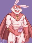  2015 anthro balls biceps big_muscles big_penis boots cape captain_carrot clothed clothing dc_comics erection gloves half-dressed lagomorph looking_at_viewer male mammal muscles nipples open_mouth pecs penis plain_background solo spectral-bat standing teeth tongue 