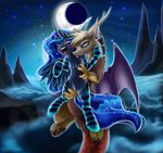  2015 absurd_res bite blood blue_eyes clothing cloud discord_(mlp) draconequus duo equine fangs female friendship_is_magic hi_res horn lyra-senpai male mammal moon my_little_pony night princess_luna_(mlp) sharp_teeth socks star teeth winged_unicorn wings 