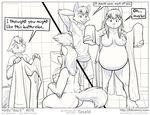  2015 anthro bathrobe bathroom belly big_belly big_breasts big_butt breasts butt canine claws clothed clothing comic dialogue duo english_text faf female fox hand_on_belly hetty jimmy male mammal monochrome nipples nude obese open_mouth overweight side_boob sitting smile speech_bubble teeth text wolf 