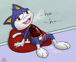  animal_crossing big_eyes bottomless cat clothed clothing cpctail cum erection feline half-dressed laugh looking_at_viewer male mammal nintendo open_mouth penis red_eyes rover_(animal_crossing) solo text video_games 