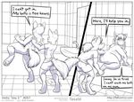  2015 anthro bathroom belly bent_over big_belly big_breasts big_butt breasts butt canine claws clothed clothing comic dialogue duo english_text faf female fox half-closed_eyes hetty jimmy male mammal monochrome nipples nude obese open_mouth overweight pawpads paws raised_leg side_boob smile speech_bubble text toe_claws wolf 