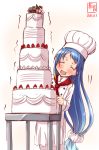  1girl artist_logo blue_hair cake chef chef_hat commentary_request cosplay dated eyes_closed feet_out_of_frame food forehead gradient_hair hat highres kanon_(kurogane_knights) kantai_collection long_hair multicolored_hair no_nose open_mouth red_scarf samidare_(kantai_collection) scarf simple_background smile solo toque_blanche trembling very_long_hair white_background 
