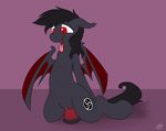  2015 anus bat_pony bedroom_eyes black_hair clitoris clothing cutie_mark digital_media_(artwork) fan_character female fur hair half-closed_eyes long_hair looking_at_viewer looking_back lying mammal meggchan membranous_wings my_little_pony open_mouth plain_background presenting pussy qetesh raised_tail rear_view red_eyes solo thestral tongue tongue_out wings 