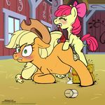  2015 age_difference apple_bloom_(mlp) applejack_(mlp) balls barn blonde_hair blush bow clenched_teeth cub cum cum_inflation cutie_mark dickgirl dickgirl/female duo earth_pony equine excessive_cum eyes_closed female feral freckles friendship_is_magic green_eyes hair hat hay horse incest inflation inside intersex intersex/female kyokimute long_hair mammal my_little_pony pony sex sibling sisters size_difference small_dom_big_sub sweat teeth thrusting young 