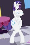 2015 anthro anthrofied big_breasts blue_eyes blush breasts colored covering covering_self cutie_mark embarrassed equine female friendship_is_magic hair horn huge_breasts inside jrvanesbroek mammal my_little_pony navel nude purple_hair rarity_(mlp) solo standing table unicorn wide_hips 