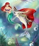  ariel blonde_hair blue_eyes breasts bubble cape cleavage clothed clothing duo female fish_tail flower full-length_portrait green_scales hair marine mermaid nogicu plant red_hair sea seaweed stare underwater ussr water white_scales white_skin 