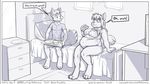  2015 anthro bed belly big_belly big_breasts breasts canine claws clothed clothing comic dialogue duo eating english_text faf female food fox hetty jimmy male mammal monochrome nipples smile speech_bubble text toe_claws translucent underwear wolf 