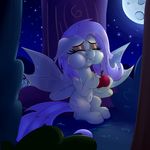  2015 absurd_res apple bat_pony cutie_mark equine eyes_closed fangs female feral flutterbat_(mlp) fluttershy_(mlp) friendship_is_magic fruit full_moon fur hair hi_res holding long_hair mammal moon my_little_pony navel outside solo thediscorded tree wings 