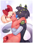  2015 anthro big_breasts big_butt black_fur black_hair blonde_hair blue_tongue blush breasts butt claws clothing cyancapsule dax dragon duo ear_piercing elbow_gloves emelie fangs female fur girly gloves green_eyes green_fur hair hug male mammal nude piercing pig pink_skin porcine purple_eyes short_hair sucking teeth tongue tongue_out 