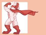  2015 anthro biceps big_muscles boots butt cape captain_carrot clothed clothing dc_comics digitigrade flexing gloves half-dressed lagomorph looking_back male mammal muscles plain_background raised_arm smile solo spectral-bat standing 