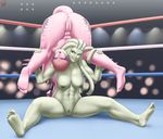  2015 absurd_res anthro anus bald big_breasts breasts dinosaur duo eyes_closed female green_hair green_lips green_skin hair hi_res hindpaw horn inside lips lvl monster monster_girl navel nipples open_mouth paws pink_nipples pink_skin pubes pussy scar sitting spread_legs spreading teeth tentacle_hair tentacles wrestling 