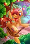  2015 blue_eyes butt equine fan_character female fruit fur grass hair hi_res hooves horse knifeh looking_at_viewer mammal my_little_pony orange_fur pony red_hair saliva short_hair sitting smile solo swing tongue tongue_out tree 