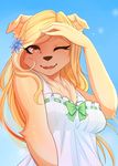  2015 anthro blonde_hair bow brown_eyes brown_fur brown_nose canine clothing dog dress fangs female flower fur hair hi_res long_hair looking_at_viewer mammal nails one_eye_closed outside plant sky smile solo spittfire teeth 
