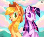  2015 applejack_(mlp) blonde_hair cowboy_hat duo equine female freckles friendship_is_magic green_eyes hair hat horn horse jowybean mammal multicolored_hair my_little_pony pigtails pony purple_eyes purple_hair twilight_sparkle_(mlp) winged_unicorn wings 