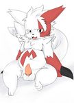  balls black_eyes blush chest_tuft chubby erection feral fur hi_res looking_at_viewer male nintendo open_mouth penis pok&eacute;mon sitting solo tongue tongue_out tuft video_games white_fur zangoose ねこなで 