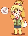  animal_crossing anthro black_eyes black_nose blush canine clothing dog dress english_text female fur hair hair_ornament isabelle_(animal_crossing) mammal nintendo open_mouth plain_background shih_tzu short_hair solo text unknown_artist video_games white_fur yellow_fur 