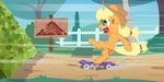  2015 absurd_res applejack_(mlp) blonde_hair cutie_mark earth_pony equine female feral freckles friendship_is_magic fruit fur green_eyes hair hat hi_res horse mammal my_little_pony pear pony sign skateboard speed_lines thediscorded 