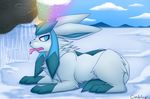  2015 blue_eyes blue_fur candyfoxy cloud eeveelution feral fur glaceon ice licking male nintendo pok&eacute;mon rainbow sky snow snowing solo tongue tongue_out tongue_stuck uploadingglaceon video_games white_fur winter 
