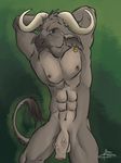  2015 abs anthro arms_behind_head balls bovine brunn-bear buffalo curved_horns ear_piercing green_eyes horn humanoid_penis looking_at_viewer male mammal muscles nipple_piercing nipples nude penis piercing solo uncut vein 