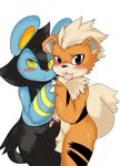  anthro balls blue_fur blush butt chest_tuft duo electric_type fire_type fur girly growlithe hand_holding hi_res looking_at_viewer luxio male male/male nintendo orange_fur penis pok&eacute;mon purple_eyes smile tongue tongue_out tuft uncut video_games yellow_eyes ねこなで 