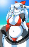  2015 anthro beach big_breasts bikini blue_eyes blush bra braided_hair breasts chubby clothing cocolog female fish fundoshi hair kemono korta long_hair looking_at_viewer marine navel non-mammal_breasts outside seaside shark solo standing swimsuit thick_thighs underwear voluptuous water white_hair wide_hips 