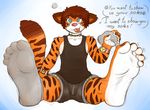  2015 anthro clothing dizzy feet feline foot_focus humanoid_feet hypnosis male mammal mind_control sebafox shirt shorts socks solo tank_top tiger tongue tongue_out 