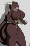  2015 anthro big_breasts blue_eyes breasts claws dragon female grin horn lips looking_at_viewer nipples nude plain_background scalie solo spikes standing wiira 