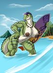  amber_eyes anthro areola beach big_breasts breasts claws dinosaur eyewear female green_scales kanoa lips looking_at_viewer lordstevie muscles muscular_female necklace nipple_piercing nipples nude piercing reptile scalie seaside smile solo stripes sunglasses surfboard thick_thighs tree wide_hips 
