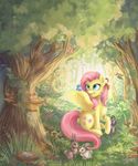  2015 absurd_res avian bird cutie_mark equine female feral fluttershy_(mlp) forest friendship_is_magic fur hair hi_res katyand lagomorph mammal my_little_pony pegasus pink_hair rabbit rodent smile spread_wings squirrel teal_eyes tree wings yellow_fur 