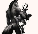  2014 anthro antlers anus backsack balls bound butt carrying cervine cloven_hooves deer duo equine hooves horn horse klongi looking_down male mammal monochrome muscles nude penis rear_view rope shocked size_difference tragelaphus 