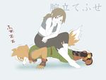  1boy 1girl 5_toes anthro bare_shoulders barefoot belt black_nose boots brown_eyes brown_fur canine clenched_teeth clothing crossover duo exercise feet female fingerless_gloves fox fox_mccloud fur furry gloves green_eyes human japanese_text male mammal nintendo plain_background ponytail scarf simple_background sitting star_fox super_smash_bros super_smash_bros. sweat tail teeth text toes trembling unknown_artist video_games white_fur white_skin wii_fit wii_fit_trainer 