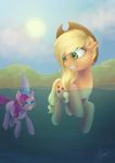  2015 absurd_res applejack_(mlp) blonde_hair blue_eyes cowboy_hat cutie_mark duo earth_pony equine eyewear female feral friendship_is_magic fur goggles green_eyes hair hat hi_res horse katyand mammal my_little_pony orange_fur pink_fur pink_hair pinkie_pie_(mlp) pony shark_fin swimming underwater water wet_hair 