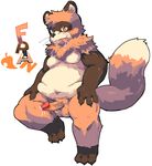  anthro balls belly blush brown_fur chest_tuft claws drooling english_text erection fur half-closed_eyes hi_res male mammal moobs noriburu nude orange_fur overweight penis plain_background precum pubes saliva solo standing tanuki text tongue tongue_out tuft vein veiny_penis whiskers white_background white_fur 
