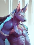  2015 abs anthro anubian_jackal anubis biceps black_fur bracelet bust canine clothed clothing deity frown fur half-dressed headdress jackal jewelry looking_away male mammal muscles nipples null-ghost pecs purple_eyes puzzle_&amp;_dragons solo toned topless video_games 