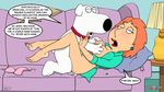  2013 bottomless breast_grab breasts brian_griffin canine clothed clothing cum dialogue dog duo family_guy female half-dressed human interspecies lois_griffin lying male male/female mammal missionary_position nipples on_back open_shirt orgasm penetration phillipthe2 pillow sex shirt sofa text vaginal vaginal_penetration 