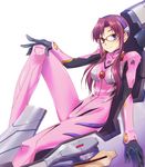  bad_id bad_pixiv_id blue_eyes bodysuit cockpit entry_plug from_side glasses gloves hair_over_shoulder hairband hand_on_own_knee knee_up light_smile long_hair looking_at_viewer low_twintails makinami_mari_illustrious neon_genesis_evangelion number pilot_suit pink_bodysuit plugsuit purple_hair rebuild_of_evangelion red-framed_eyewear shiny shiny_hair sidelocks simple_background sitting skinny smile solo taro_(gaki) turtleneck twintails white_background 