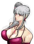  big_breasts breasts cleavage dress earrings formal hair_ornament jewelry large_breasts long_hair mkt necklace red_eyes selvaria_bles senjou_no_valkyria senjou_no_valkyria_1 silver_hair 
