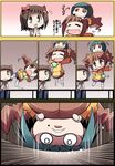  amami_haruka bad_id bad_pixiv_id brown_hair celebi_ryousangata comic falling green_hair hair_ribbon hairband headset idolmaster idolmaster_(classic) mole mole_under_mouth multiple_girls otonashi_kotori ribbon short_hair takatsuki_yayoi translated tripping twintails 