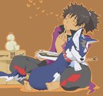  barefoot black_hair blush bottle brown_background cup dog fish food green_eyes josephine-843 male_focus ponytail raven_(tales) repede solo tales_of_(series) tales_of_vesperia 