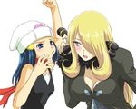  blonde_hair blush breasts cleavage fujimaru_(kinakomucch) hair_over_one_eye hat hikari_(pokemon) impossible_clothes impossible_shirt large_breasts multiple_girls pokemon pokemon_(game) pokemon_dppt scarf shirona_(pokemon) shirt 