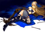  boots bow_(weapon) brown_hair copyright_request crossbow gloves kajimiya_(kaji) long_hair lying on_side solo thigh_boots thighhighs weapon 