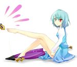  barefoot blue_eyes blue_hair closed_umbrella feet fujino_ichi geta heterochromia legs red_eyes sandals shoes short_hair single_shoe sitting solo tatara_kogasa touhou umbrella 