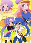  ahoge bag blue_eyes blue_hair cosplay endou_aya glasses green_eyes hat hiiragi_kagami hiiragi_tsukasa izumi_konata kl klan_klein klan_klein_(cosplay) lucky_star macross macross_frontier mole mole_under_eye multiple_girls necktie one_eye_closed pink_hair ponytail purple_eyes purple_hair ranka_lee ranka_lee_(cosplay) saotome_alto saotome_alto_(cosplay) seiyuu_connection sheryl_nome sheryl_nome_(cosplay) takara_miyuki twintails v 