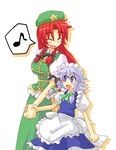  blue_eyes blush braid harukatron hong_meiling izayoi_sakuya multiple_girls red_hair short_hair silver_hair touhou twin_braids younger 