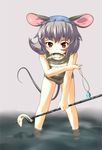  animal_ears fish grey_hair highres jewelry leaning_forward mepikari mouse_ears mouse_tail mouth_hold nazrin one-piece_swimsuit pendant red_eyes school_swimsuit short_hair solo swim_cap swimsuit symbol-shaped_pupils tail touhou wading water 
